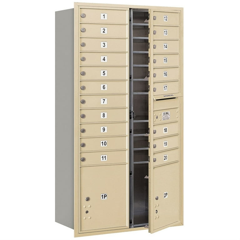 56 3/4 in. H x 31-1/8 in. W Aluminum Front Loading 4C Horizontal Mailbox with 20 MB1 Doors/2 PL's 56 3/4 in. H x 31-1/8 in. W Aluminum Front Loading 4C Horizontal Mailbox with 20 MB1 Doors/2 PL's