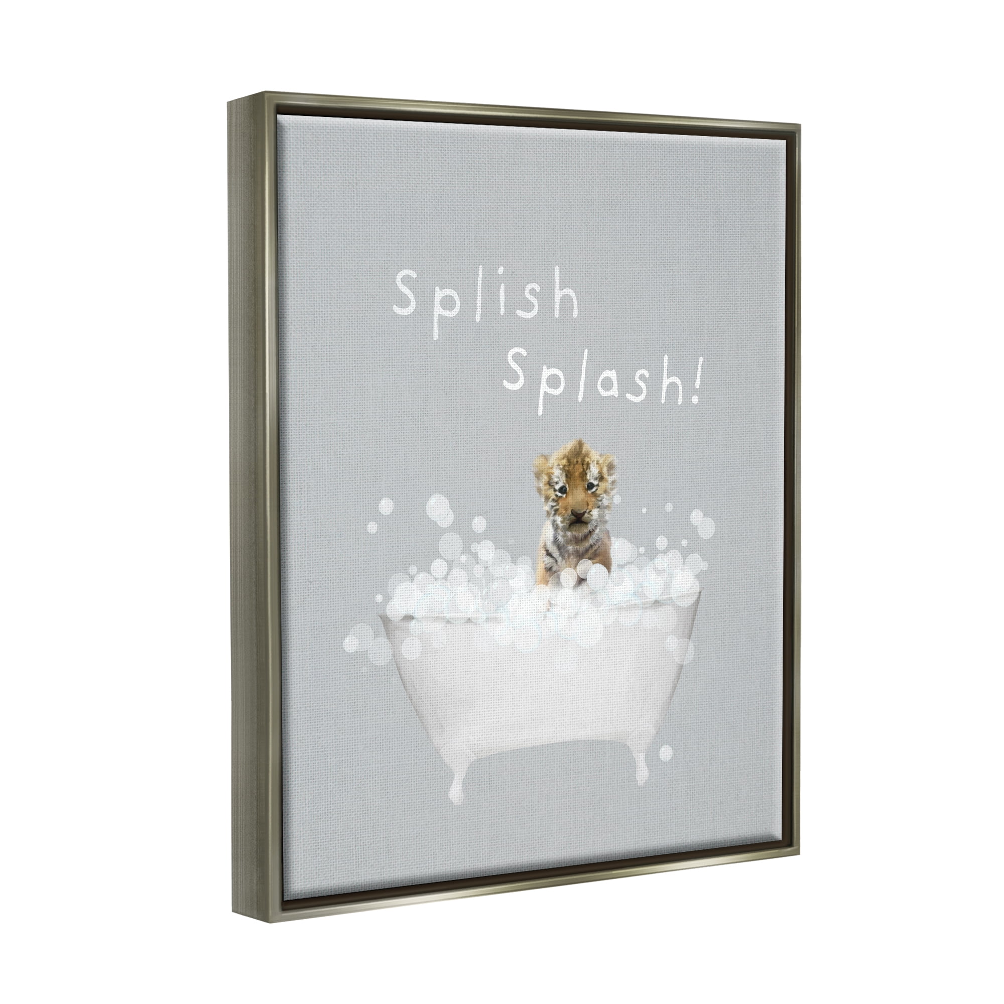 Stupell Industries Splish Splash Baby Tiger Animals & Insects Painting Gray Floater Framed Canvas Art Print Wall Art, 25 x 31