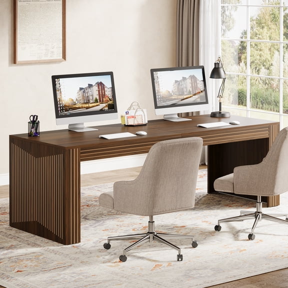 Tribesigns 79 Inch Computer Desk, Farmhouse Study Desk for Two Person, Wooden Extra Long Computer Desk, Writing Desk for Home Office, Living Room, Brown