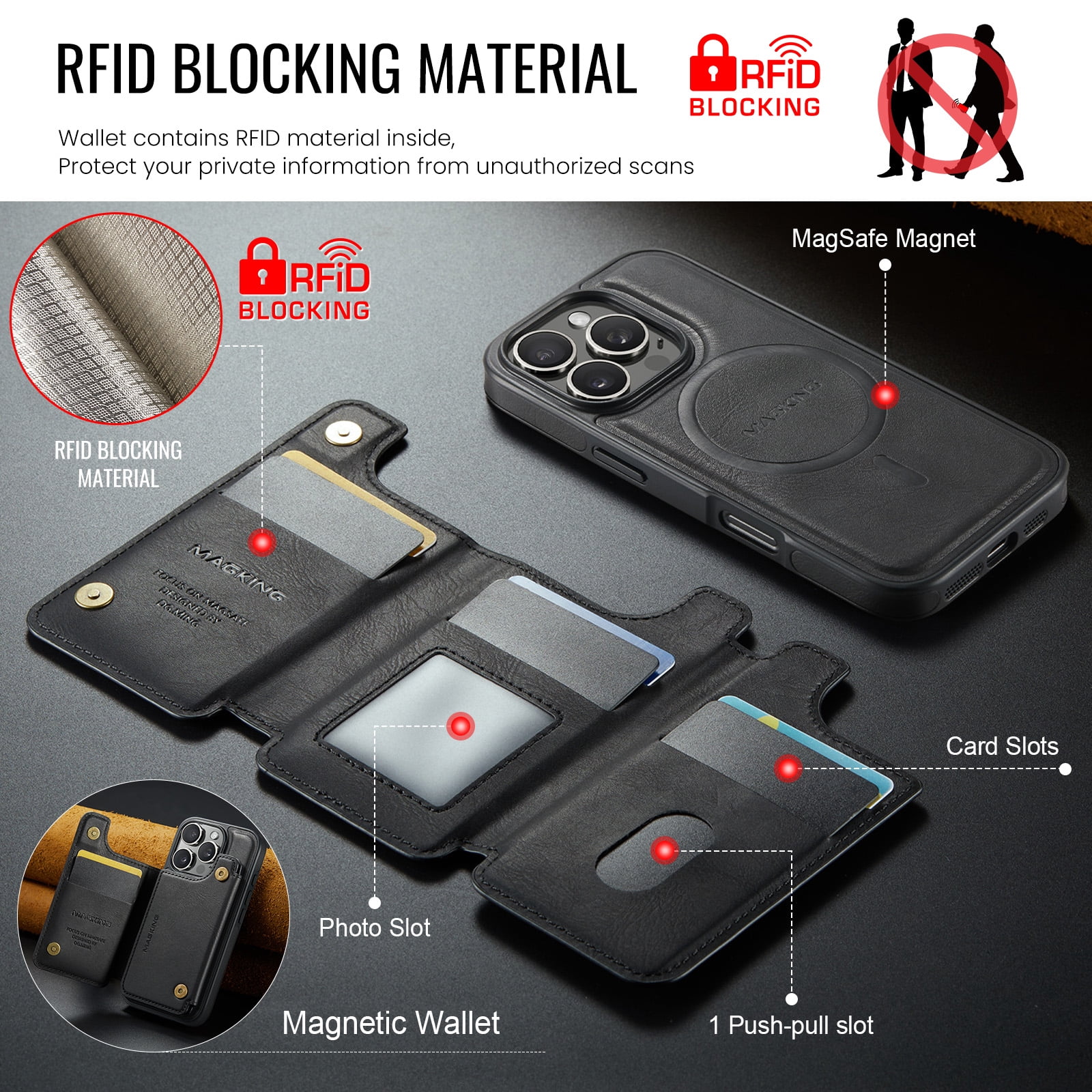 Designed for iPhone 16 Pro Max Wallet Phone Case,Magnetic Detachable Flip Card Holder,Back Flip Kickstand,Compatible with Mag-Safe,2-in-1 PU Leather Heavy Duty Shockproof Phone Case,Black