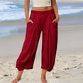 thumbnail image 2 of Miluxas Women's Harem Boho Casual Pants Elastic Waist Slacks Solid Color Wide Leg Beach Vacation Trousers with Pockets Red, 2 of 6