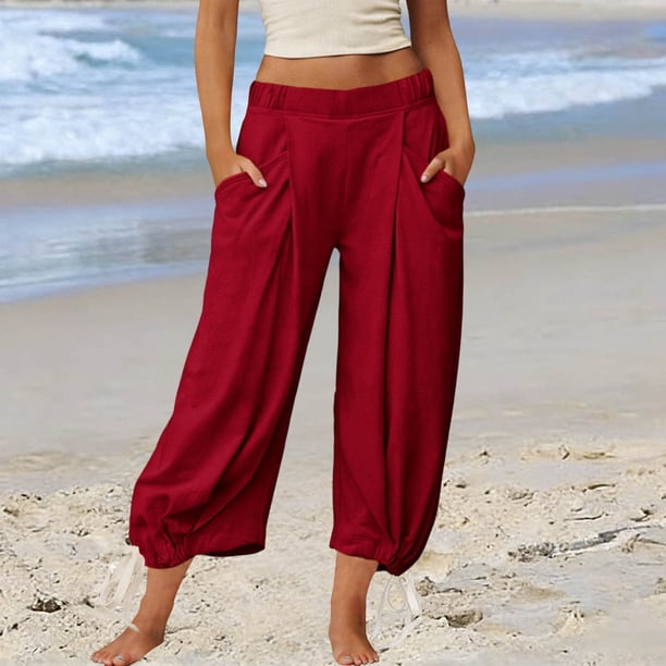 TaTaai Women's Solid Color Loose Fit Elastic Waist Beam Foot Long Pants Comfortable Casual Trousers with Convenient Side Pockets Versatile Daily Sports and Lounge Pants Gift