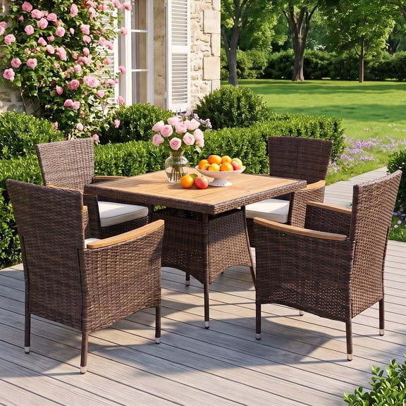 Wicker Outdoor Dining Set, FSC Acacia Wood Tabletop UV Resistant Wicker Furniture with Zippered Beige Cushions, Dining Set for Patio, Heynemo