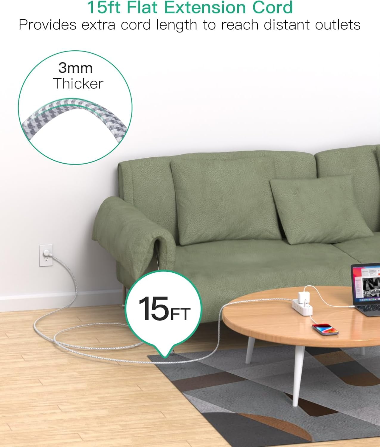 Extension Cord, Sur Protector Power Strip, Long Cord with 9 Outlets 3 USB Ports, Multiple Outlets, Strip for Dorm Room Essentials, Colle(15FT, White)