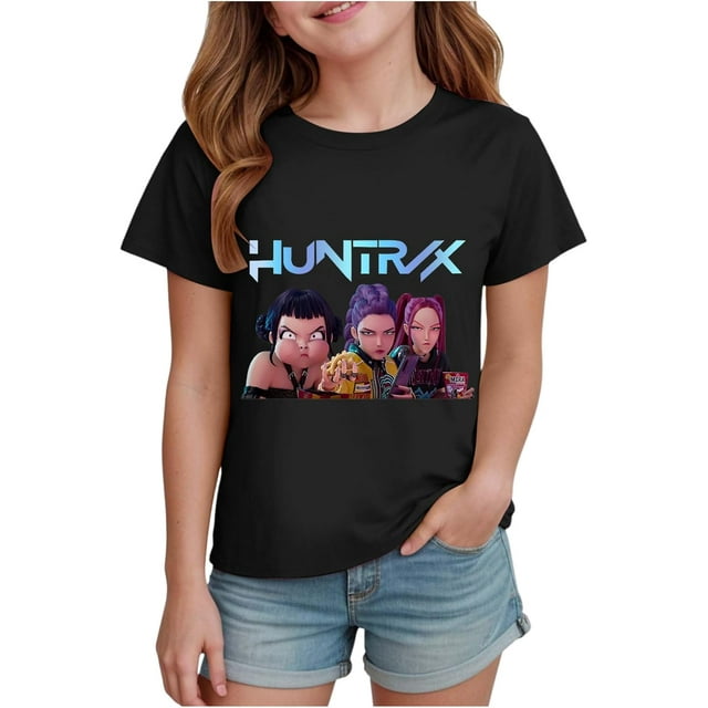 K pop Demon Chandail pour Filles, T-Shirt Graphique Mignon avec Dessin Animé, T-Shirt Tendance et Drôle, Chandail pour Enfants, Hauts Roses, Manches Courtes, Col Ras du Cou