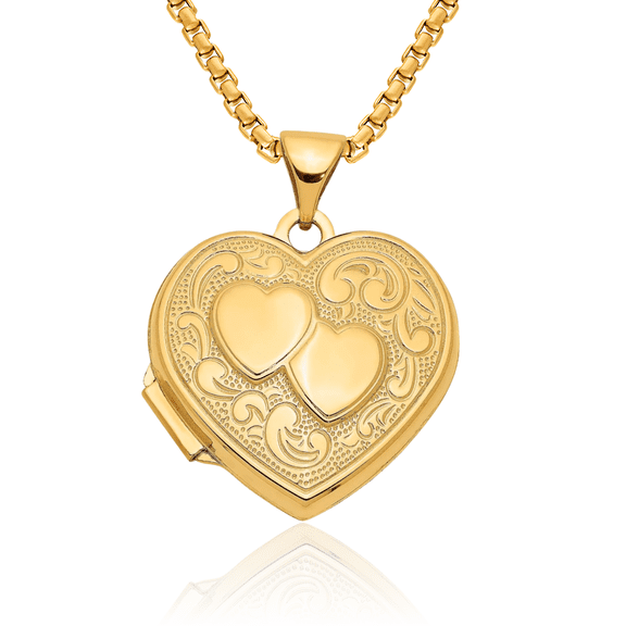 14K Solid Yellow Gold Double Heart Personalized Photo Locket Necklace Picture Pendant Charm