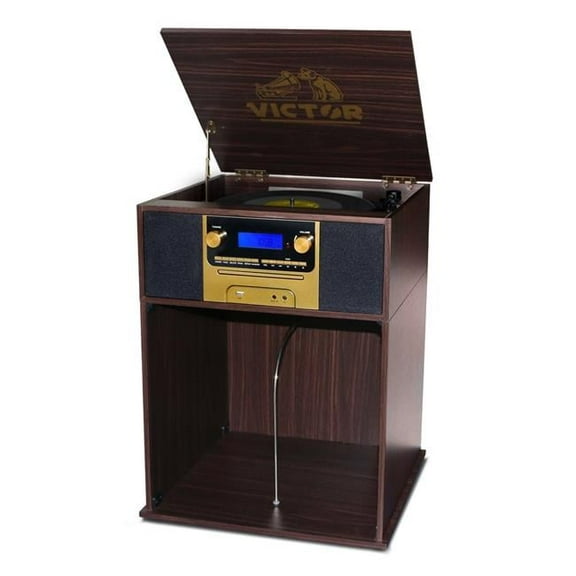 Victor Boyleston 7-in-1 3-Speed Turntable Music Center w Album Storage and USB Port (Espresso)