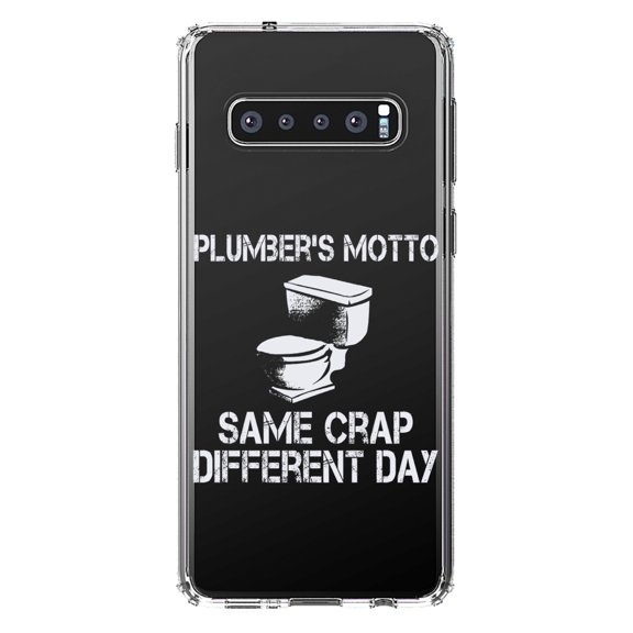 DistinctInk Clear Shockproof Hybrid Case for Samsung Galaxy S10  PLUS (6.4" Screen) - TPU Bumper Acrylic Back Tempered Glass Screen Protector - Same Crap Different Day - Plumbers