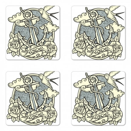 

Anchor Coaster Set of 4 Anchor and Roses Antique Monochrome Clouds Bird Wings Old Style Sketching Print Square Hardboard Gloss Coasters Standard Size Eggshell Grey by Ambesonne