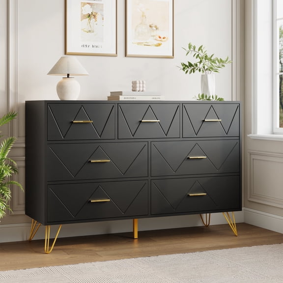 YouTrend 7 Drawer Dresser,Adult Dresser with Golden Legs & Handles,Wooden Chest of Drawer, for Bedroom Living Room,Black