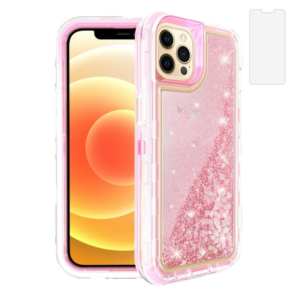 Compatible with iPhone 12 Pro Max 6.7 inch Phone Case Tempered Glass Screen Protector Bling Liquid Glitter Clear Hybrid Shockproof TPU Military Grade Protective Heavy Duty Cell Cover Women Pink