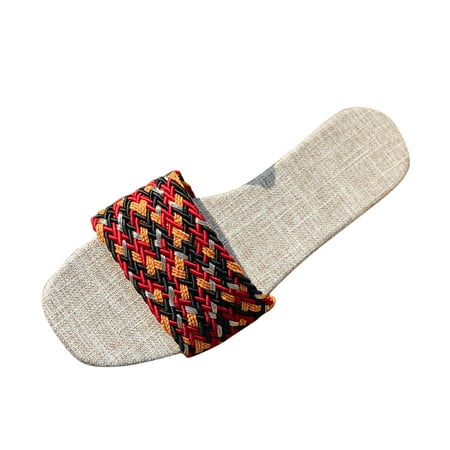 

Ladies Fashion Summer Colorful Knitted Open Toe Linen Bottom Flat Slippers