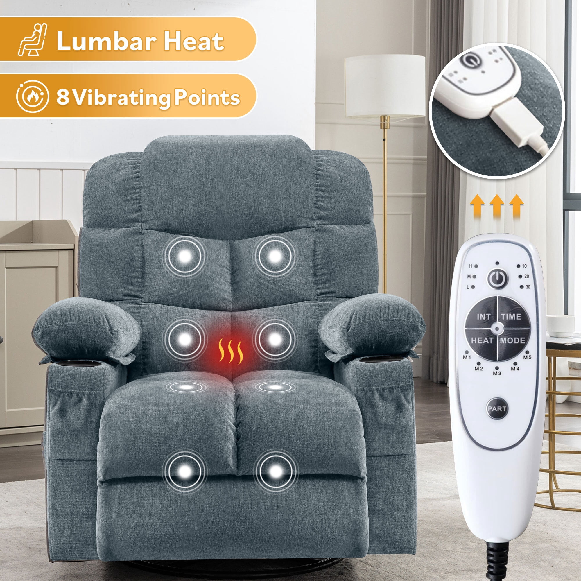 Alvantor Oversized Swivel Recliner Chair with Massage & Heat Function for Adults, Single Rocker Sofa with Cup Holders for Bedroom Home Theater Blue