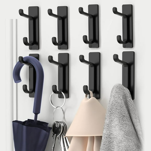Godance 8 Pack Self Adhesive Coat Hooks for Hanging, Heavy Duty Stainless Wall Hook for Towel, Backpack, Hat, Clothes, Keys, Purse, Metal Towel Hook for Bathroom, Bedroom, Door (Matt Black)