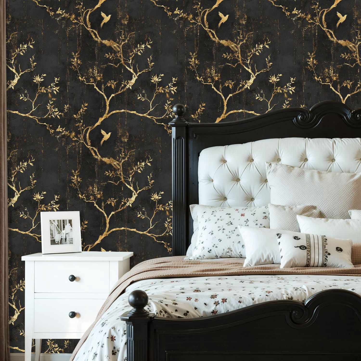 Modern Peel and Stick Wallpaper 23.6in x 9.8ft Golden Floral Branches Bird Black Contact Paper Vinyl Waterproof Self Adhesive Wall Paper for Bedroom Shelf Cabinet Renter Friendly