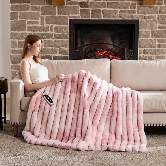 Electric Heated Blanket Throw 50"x60", Striped Faux Fur Cozy Heating Blanket Machine Washable with Overheat Protection Etl Certification , 10 Heating Level&4 Hours Auto-off,Warm Gift for Women.