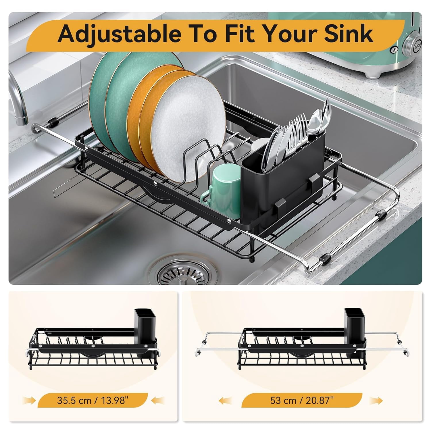 Over the Sink Dish Drying Rack,In Sink Dish Drying Racks,Expandable Dish Rack Over Sink Counter,Adjustable Dish Drainer for Inside Sink with Utensil Holder, Stainless Steel Dish Strainer Compact Size