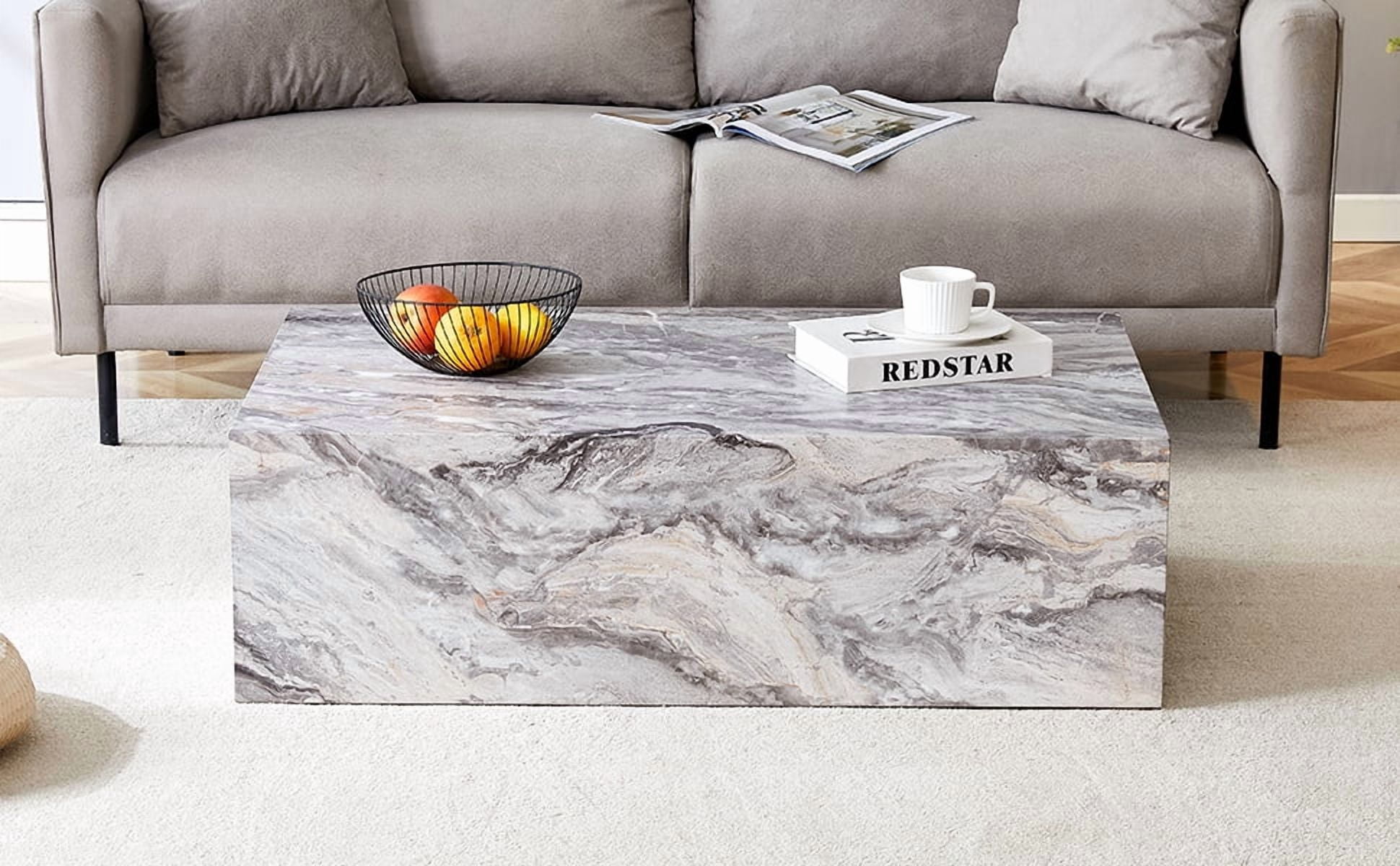 Coffee Table 39.3 Inch, Grey Stone Pattern MDF Side Table with Modern Texture Design, Accent Table for Living Room and Lounge, No Assembly Required, Gray