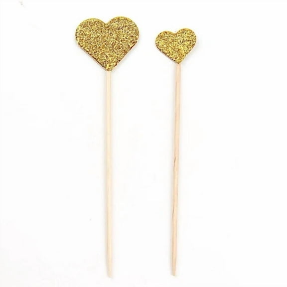 24 Gold Glittered Heart Cupcake Toppers Picks Cake Decorations Party Supplies