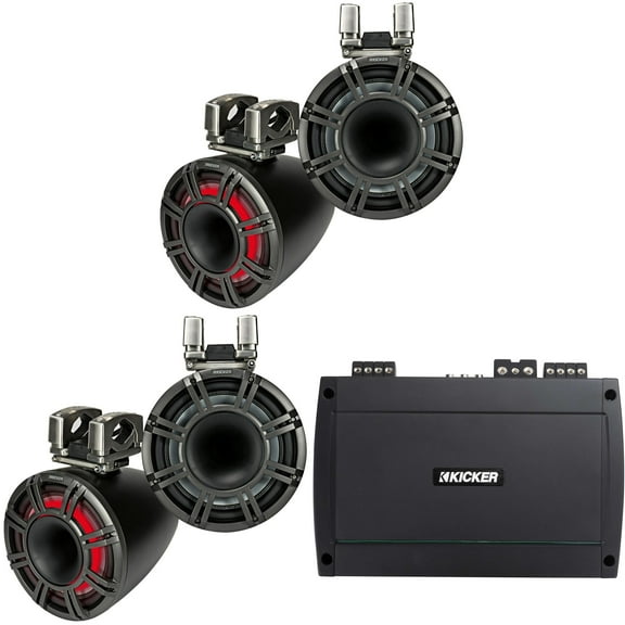 Kicker (2 Pair) 44KMTC11 11" Black Horn-Loaded Tower Speakers & 800 Watt Marine Amp with tube-clamp mounting
