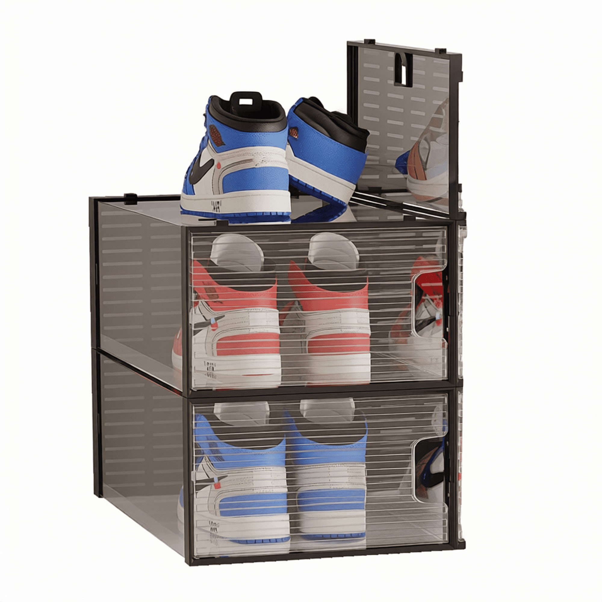 Stackable Clear Plastic Shoe Boxes with Black Frame Foldable Sneaker Storage Organizer with Top Lid and Front Handle Dustproof Shoe Containers for High Top Sneakers and Casual Shoes