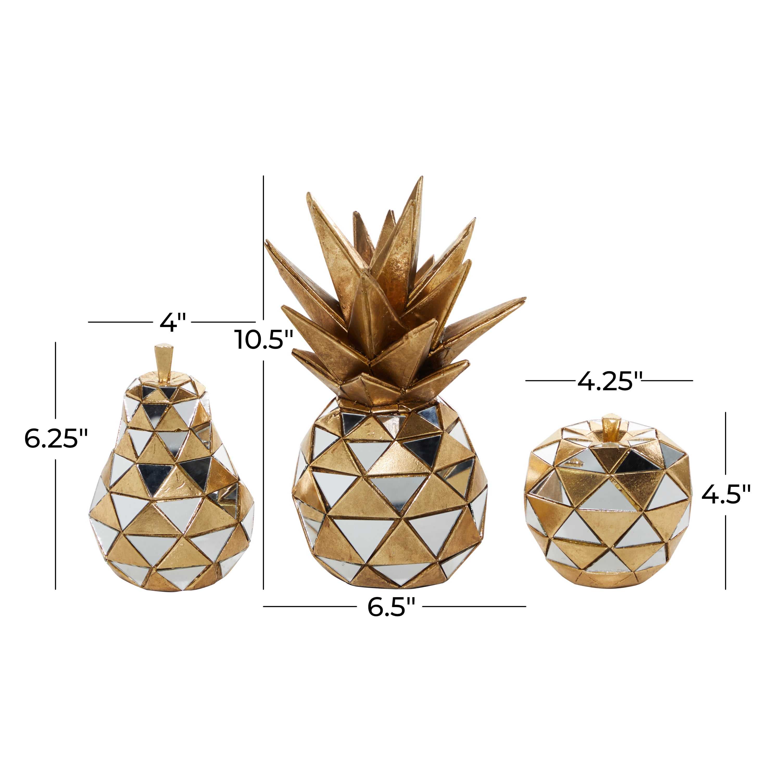 10", 6", 4"H Gold Polystone Decorative Fruit Sculpture with Mirror Accents, by DecMode (3 Count)