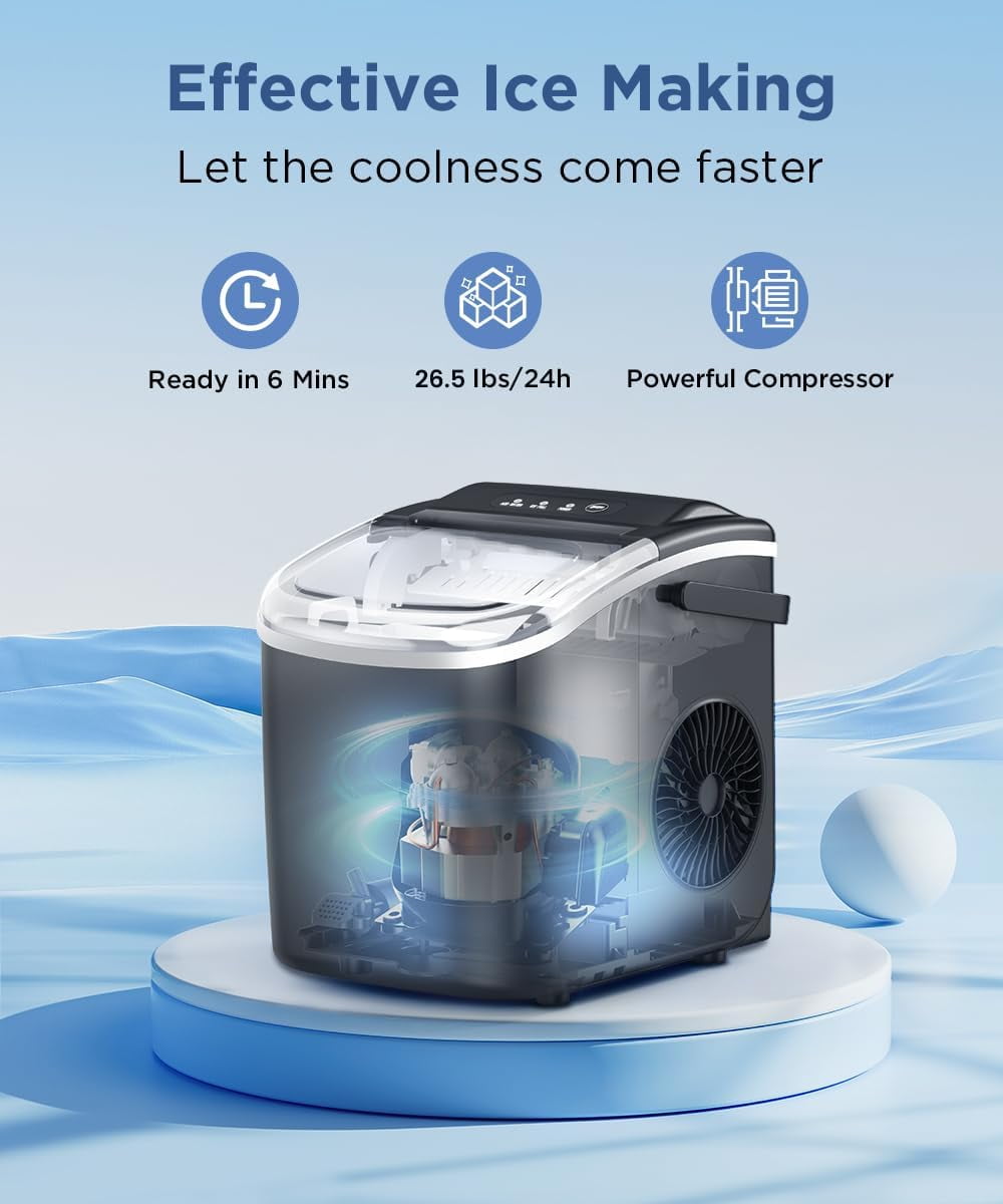 Ice Maker Countertop, Portable Ice Machine with Self-Cleaning, 26.5lbs/24Hrs, 9 Bullet Ice Cubes in 6 Mins, Ice Basket and Scoop, Ideal for Home, Kitchen, Bar, Camping