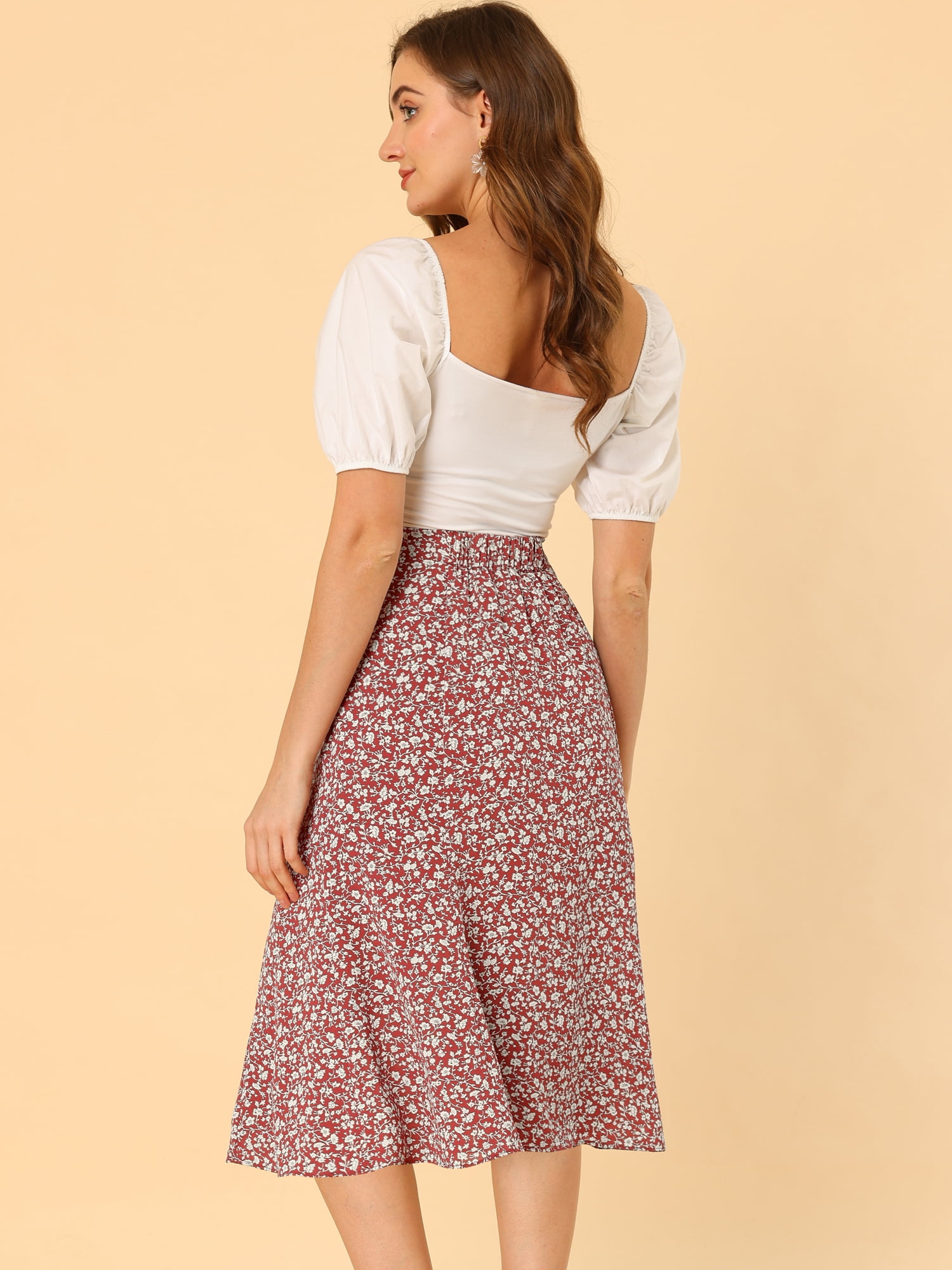 DARING DIVA Women's Elastic Waist A-Line Floral Print Midi Skirt XS Red White