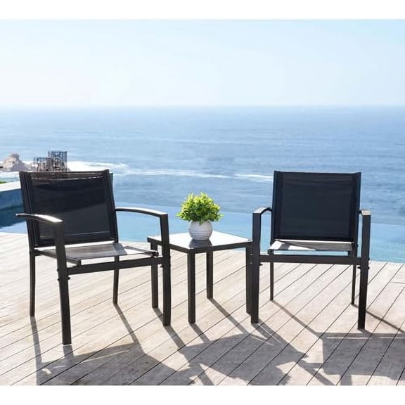 JUMMICO 3 Pieces Patio Furniture Set Outdoor Textilene Patio Chairs with Coffee Table Modern Patio Conversation Bistro Set for Lawn, Garden, Balcony, Poolside and Porch (Black)