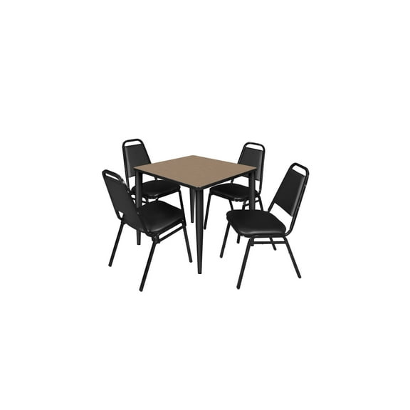 Regency Kahlo 30 in. Square Breakroom Table- Noble Oak Top, Black Base & 4 Restaurant Stack Chairs- Black