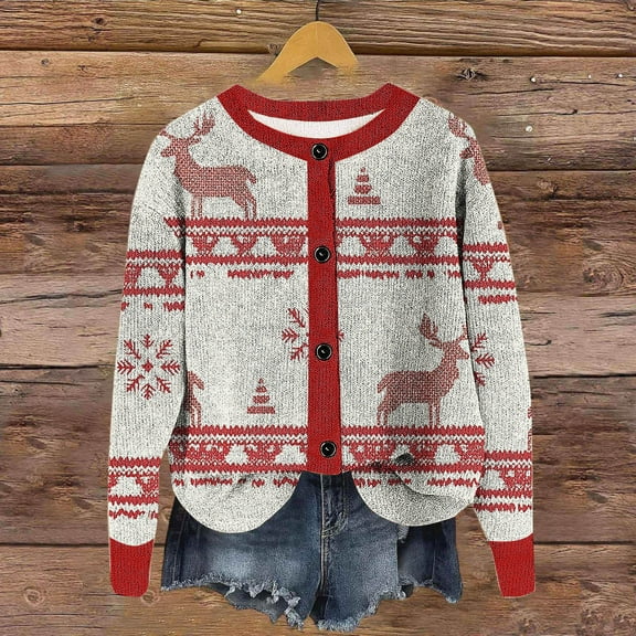 Heisall Womens Cardigan Coats Christmas Floral Print Button Long Sleeve Round Neck Hoodless Casual Fashion Winter Fitted Style Daily Homewear Outerwear