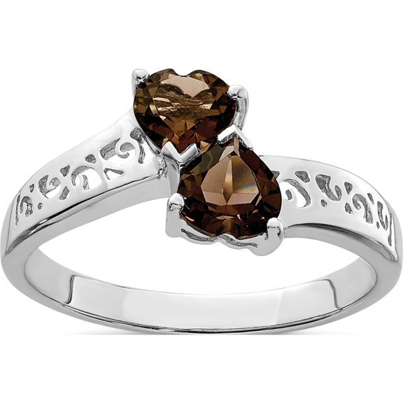 Sterling Silver Rhodium Smoky Quartz Heart Ring (Size 6) Made In India qdx701-6