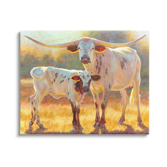 Longhorn & Calf Standing Farm Field Animals & Insects Painting Gallery Wrapped Canvas Print Wall Art