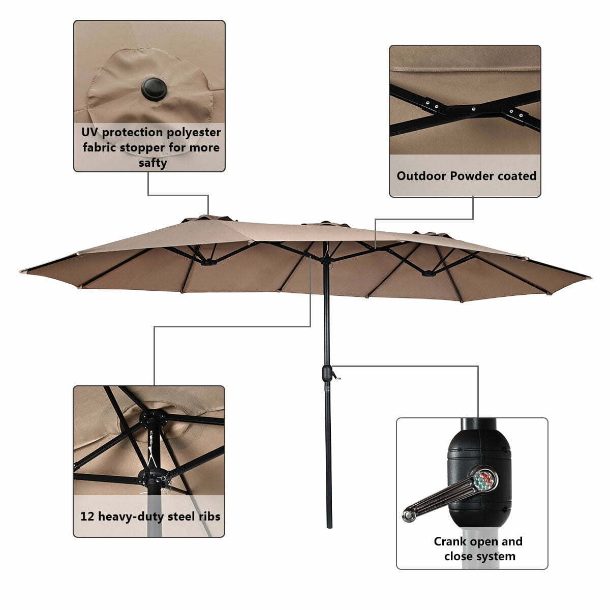 Gymax 15' Twin Patio Umbrella Double-Sided Outdoor Market Umbrella with Crank Tan