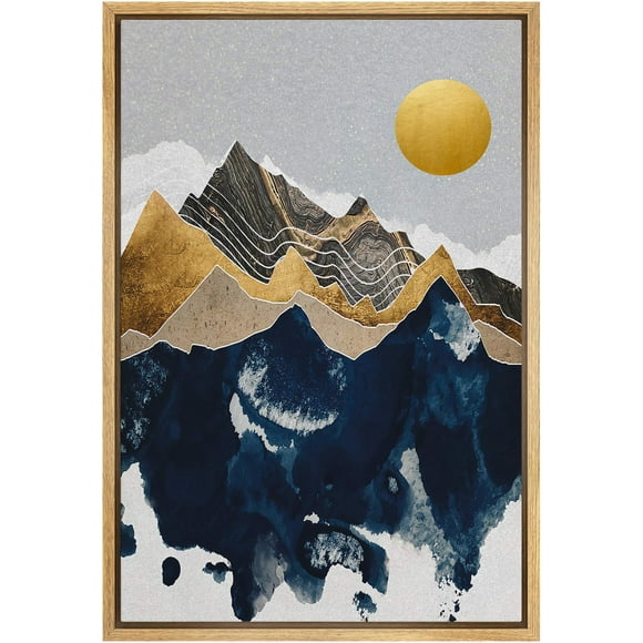 SIGNFORD Framed Canvas Print Wall Art Granite Mountains with Golden Sun Abstract Wilderness Illustrations Modern Art Contemporary Scenic for Living Room, Bedroom, Office - 16""x24"" Natural