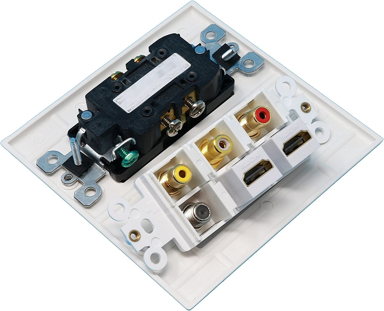 RiteAV - 2 x 15 Amp 125V Power Outlet 3 x RCA - 2 X HDMI and 1 x Coax Cable TV Port Wall Plate White
