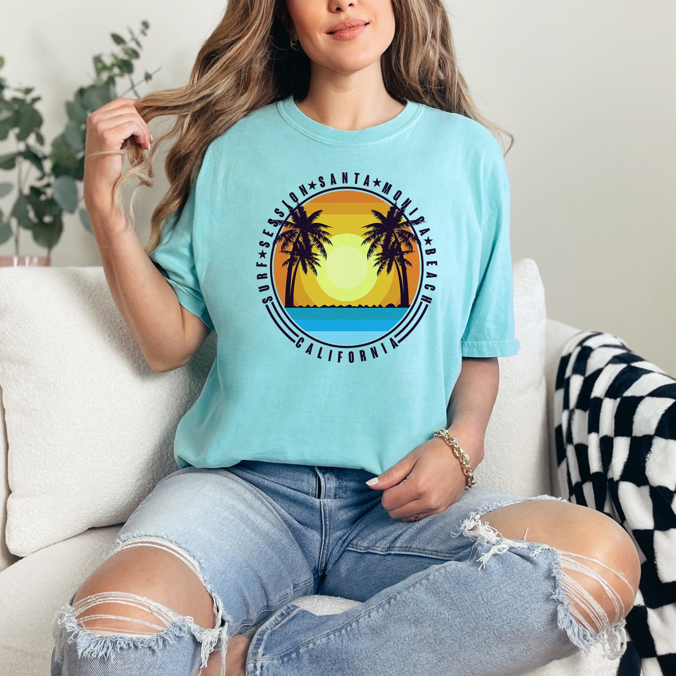 California Santa Monica Beach Surf Session, Chalky Mint Comfort Colors T-Shirt, Medium