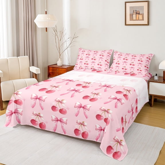 Homewish Girls Ribbon Bow Twin Sheet Sets,Cartoon Cherry Twin Fitted Sheet,Pink Red Flat Sheet For Princess,Microfiber Bedroom Decor,3-Piece
