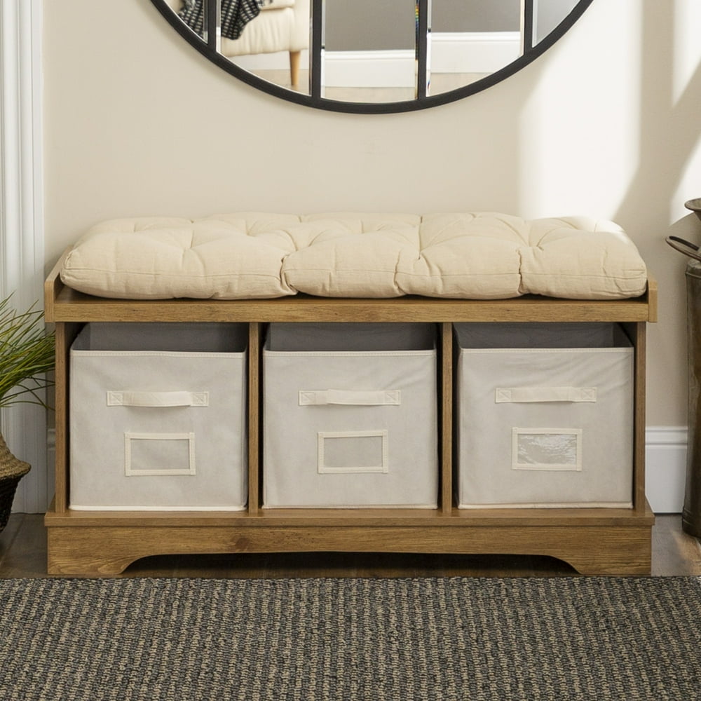 Woven Paths Sage Entryway Storage Bench with Cushion and Bins, Barnwood ...