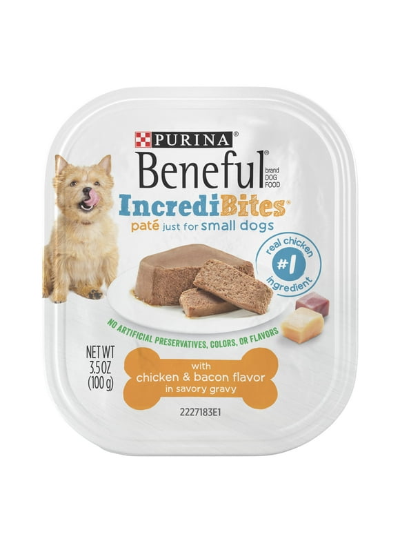 Beneful IncrediBites Pate Wet Dog Food for Small Dogs, Natural Chicken & Bacon Flavor in Savory Gravy, 3.5 oz Tub