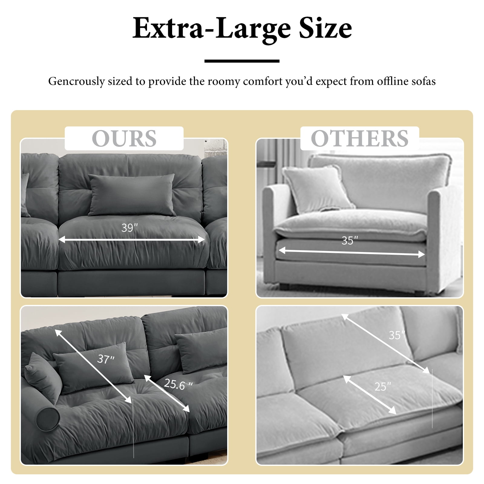 166" Grey Modular Sectional Sofa, 4 Seater Large Sectional Couches for Living Room, Velvet Fabric Oversized Fluffy Cloud Couch with Ottoman, Deep Seat Home Sofas Set, Sofá Moderno
