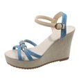 thumbnail image 5 of Rokment Platform Wedge Dressy Sandals for Women Ladies 2026 Fashion Casual Metallic Buckles Ankle Strap Height Increasing Chunky Heeled Dress Beach Summer Shoes Bride Wedding Boho Blue Size 8, 5 of 7