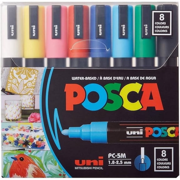 Posca Full Set of 8 Acrylic Paint Pens with Reversible Medium Point Pen Tips, Posca Pens are Acrylic Paint Markers for Rock Painting, Fabric, Glass Paint, Metal Paint, and Graffiti
