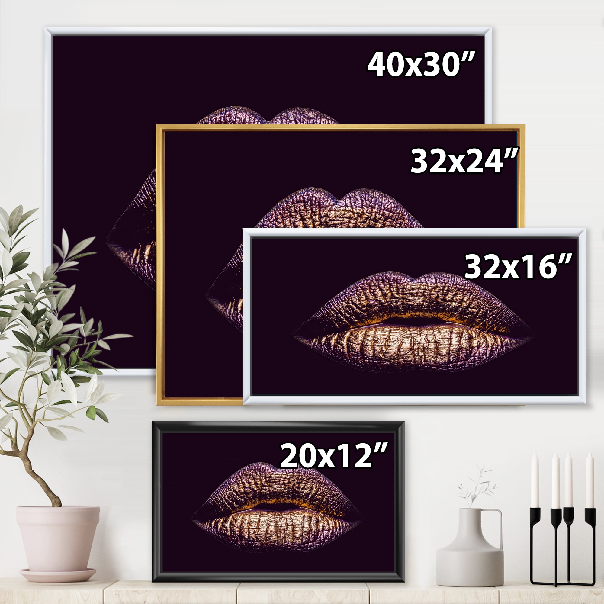 Designart 'Sexy Golden Metallized Woman Lips III' Modern Framed Canvas Wall Art Print