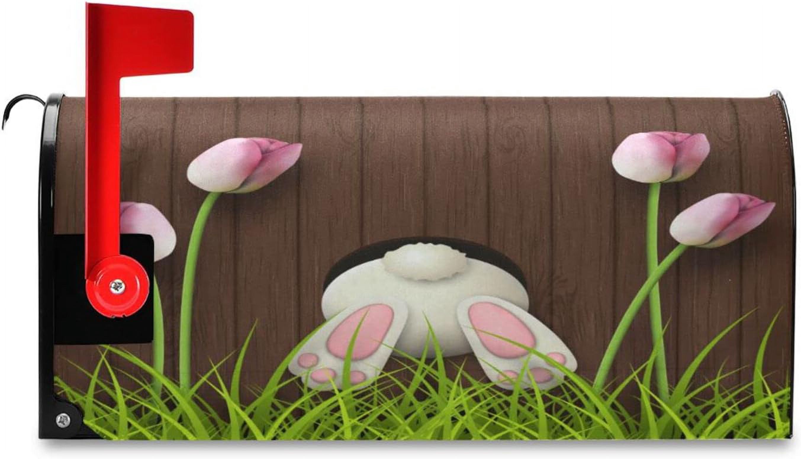 Easter Mailbox Covers, Easter Bunny Pink Tulips Mailbox Covers Oxford Cloth Post Box Cover with Magnetic Strip for Garden Yard Decor