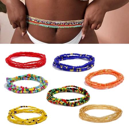 Waist Beads Colorful, African Beads Layered Belly Body Chain, 31.5", 7 Pcs