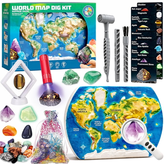 Chuvikid World Map Gemstone Dig Kit,Gemstones Excavate Gem Rock Dig Kit with 16 Different Real Gemstones,World Map and Dig Tools,Educational Geology Science Toys Gift for Kids Ages 6-12