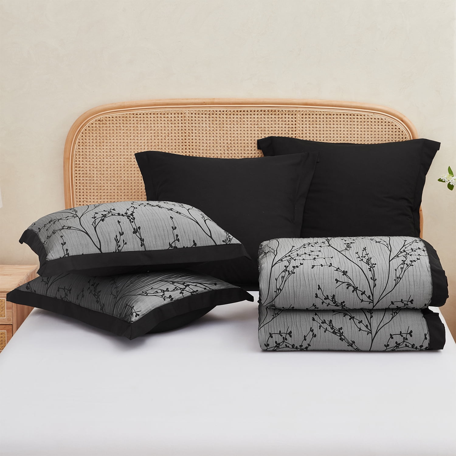 7PC Gray Jacquard Patchwork Comforter Set with Matching Curtains, Bed in a Bag,King
