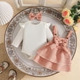 thumbnail image 2 of YDFCWXW Newborn Infant Girls Clothes Set Ruffle Top Plaid Overall Dress with Bow Headband 0-18M (Orange, 3-6 Months), 2 of 9