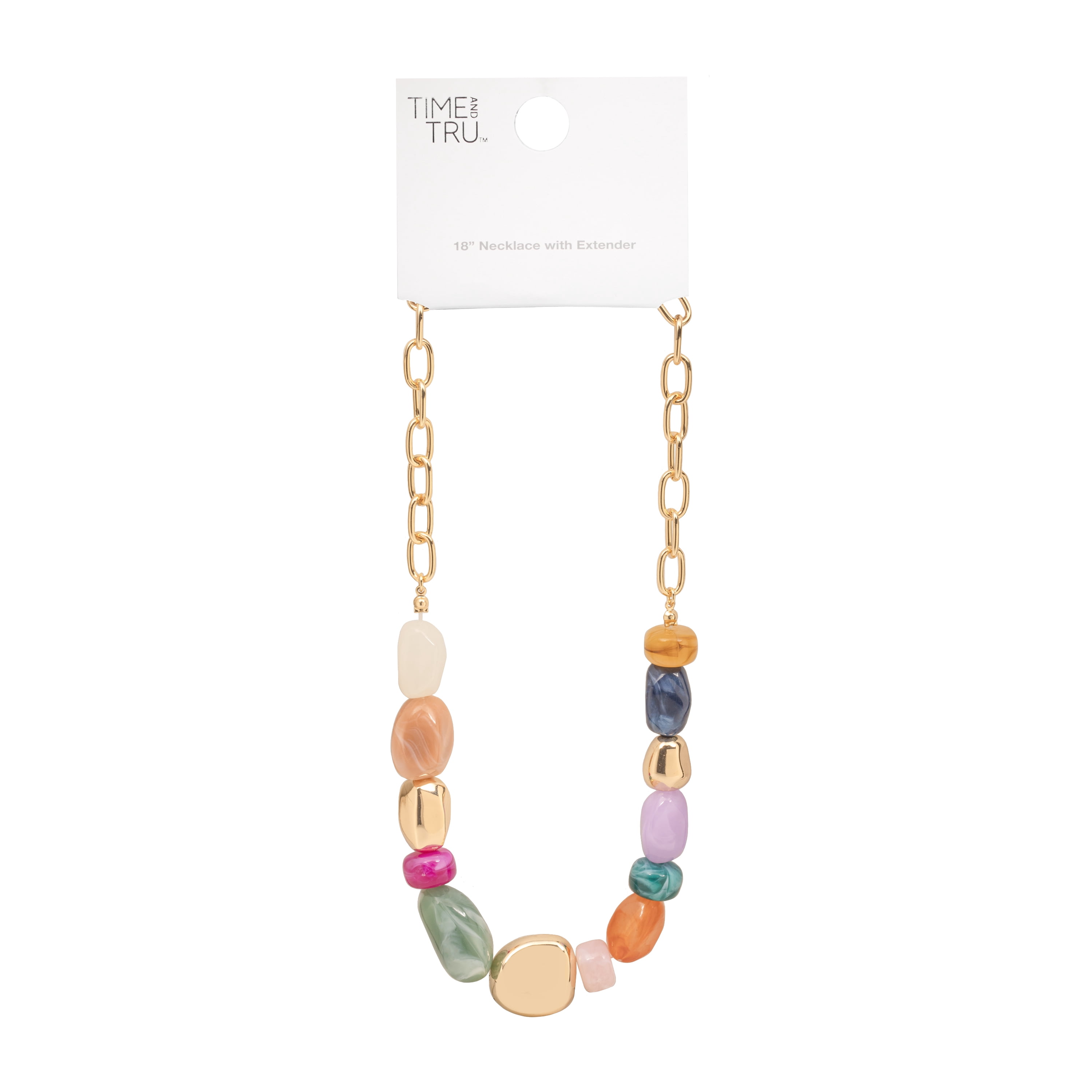 Time and Tru Women's Gold Tone Statement Necklace with Colorful Beads and Chain Detail